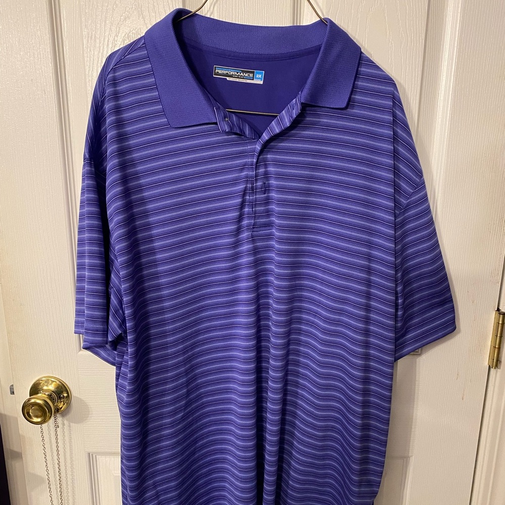 Sz 2X round tree and York polo top! Purple striped! Performance knit!Like New